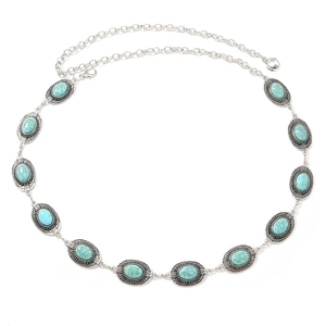 Bohemian silver waist chain featuring oval turquoise stones and vintage embossed metal