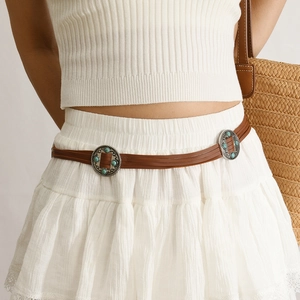 Ceinture boho en cuir PU marron avec boucles argentées vintage et perles turquoise