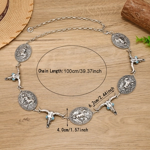 Vintage western silver belt with horse relief and bull head turquoise pendant 100cm