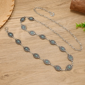 Vintage bohemian metal chain belt with turquoise oval medallions for dresses and skirts