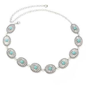 Vintage bohemian silver waist chain with turquoise floral pendants for dresses