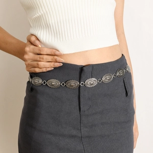 Ethnic bohemian silver concho chain belt with oval embossed metal links for dresses