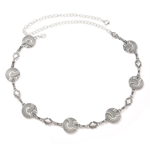 Vintage bohemian metal chain belt for women in antique silver finish with floral engraving