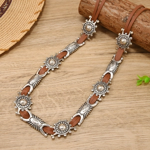 Bohemian retro faux leather waist chain belt with vintage carved silver metal accents
