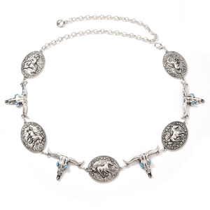 Vintage western silver belt with horse relief medallions and turquoise ox head pendants