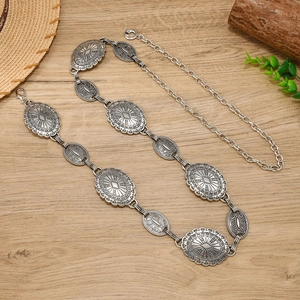 Vintage bohemian metal waist chain belt with engraved oval plates for women dresses
