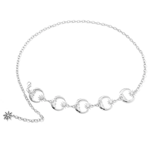 Silver waist chain belt featuring detailed sun and crescent moon pendants in a retro style