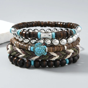 Set de 5 bracelets bohèmes avec tortue turquoise et perles de style ethnique tissé