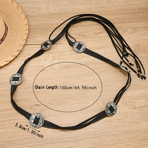 Chaîne de taille rétro en cuir PU avec boucles turquoise argentées et corde de 165 cm