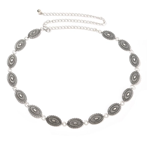 Bohemian Vintage Metal Waist Chain For Women Adjustable Antique Silver Alloy Belt With Embossed Oval Pendants Dress Accessories