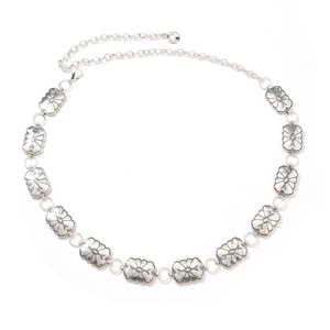 Vintage silver metal chain belt with embossed floral patterns for women's dresses