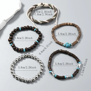 Vue détaillée de l'ensemble de 5 bracelets bohème avec tortue et mesures de taille