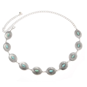Bohemian Vintage Silver Metal Waist Chain Belt With Turquoise Inlay Sunburst Pattern For Women Casual Dress Jeans Jewelry
