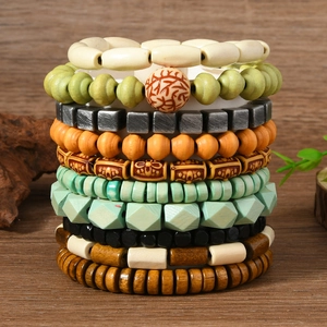 Bohemian multi-layer handmade beaded bracelet set with colorful wood and resin beads