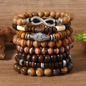 Vintage Wood Bead Bracelet Set For Men Women Bohemian Handmade Elastic String Infinity Charm Ethnic Multi Layer Bead Bracelets