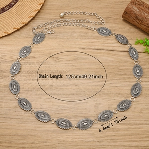Ethnic style silver metal waist chain with carved oval plates, total length 125cm for women