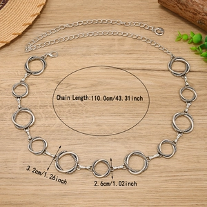Minimalist silver geometric metal waist chain with adjustable round rings, 110cm long