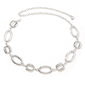 Elegant silver metal waist chain with hollow oval links and adjustable clasp for dresses