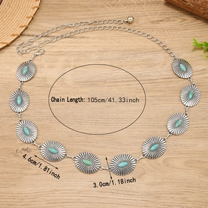 Bohemian turquoise metal waist chain belt with vintage silver-tone oval flower pattern