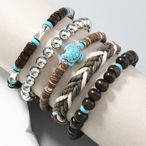 Détails du lot de bracelets bohèmes avec tortue turquoise et cordons tressés
