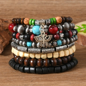 Bohemian Multilayer Wood Bead Bracelet Vintage Alloy Butterfly Charm Elastic Beaded Bracelet Handmade Jewelry Women