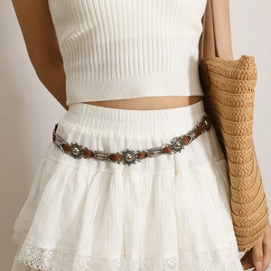 Vintage Bohemian PU Leather Waist Chain With Sun Carved Metal Disks Adjustable Thin Belt For Women Jeans Dress Accessory
