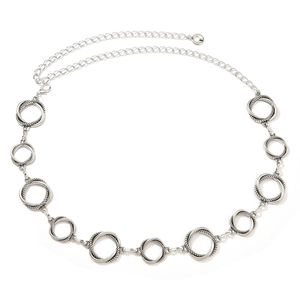 Minimalist silver geometric round link metal waist chain with textured ring design