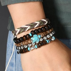 Ensemble de 5 bracelets tressés style bohème avec tortue et turquoise pour hommes et femmes