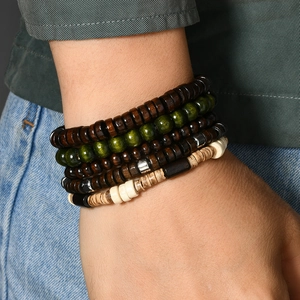 Bracelet multi-rangs en perles de bois pour homme style vintage ethnique et extensible