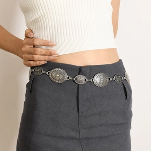 Bohemian Vintage Metal Waist Chain Belt For Women Ethnic Style Retro Silver Carved Sun Pattern Adjustable Body Chain Jewelry