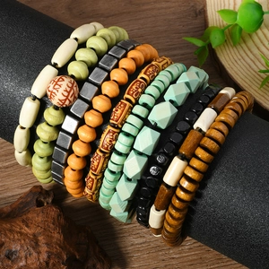 Bohemian Ethnic Vintage Handmade Wood Bead Multi-layer Elastic Beaded Wristband Fashion Jewelry Bracelet For Men Women