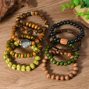 Retro multi-layer handmade pumpkin wooden bead bracelet with ethnic charms and natural stones