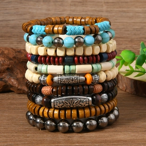 Bohemian multilayer beaded bracelet set with natural wood, turquoise and silver charms