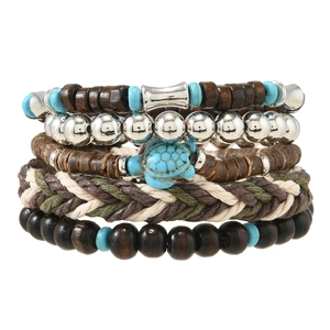 Ensemble de Bracelets Bohème Ethnique Tortue Turquoise Bracelets Enroulés Tissés en Corde de Chanvre et Perles en Bois Faits à la Main Vintage pour Homme Femme Bijoux de Plage
