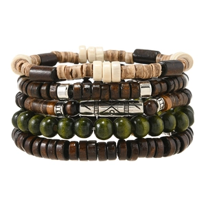 Bracelet Vintage Ethnique Fait Main en Perles de Bois Superposition Multicouche Coque de Noix de Coco Bijoux Unisexe