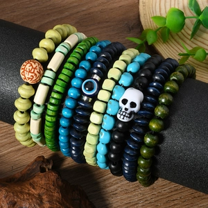 Bohemian Handmade Wood Beaded Skull Evil Eye Bracelet Set For Men Women Ethnic Punk Stretch Bracelet Jewelry