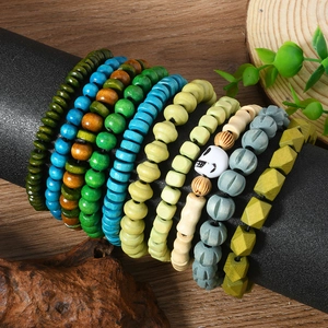 Set of nine bohemian wooden bead bracelets in multi-color styles for men and women