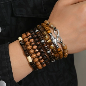 Set of 8 vintage handmade elastic wooden bead bracelets with metallic infinity charm