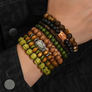 Bohemian multi-layer handmade wooden beads bracelet with retro sun charm and pumpkin shapes