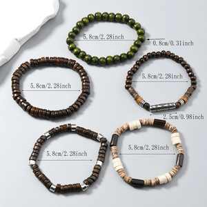 Lot de 5 bracelets pour hommes en perles de bois style bohème avec cordons élastiques et métal