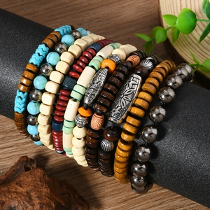 Bohemian Beaded Bracelet Set Handmade Wood Beads Alloy Charms Multi-layer Retro Ethnic Style Unisex Wrist Jewelry Gift