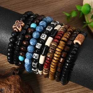 Lot de 10 bracelets bohèmes multicouches avec perles en bois, turquoise et pierres naturelles