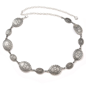 Bohemian silver metal chain belt with vintage etched oval plates and lobster clasp