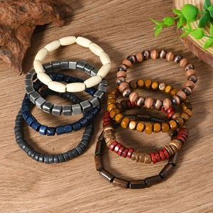 Multilayer handmade wooden beaded stretch bracelets in various colors and shapes