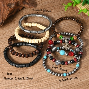 8-piece Bohemian multilayer stretch bead bracelet set with wood beads and butterfly charms