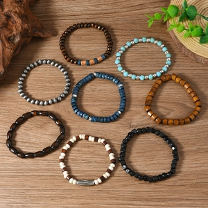 Bohemian multi-layer wooden bead bracelet set with turquoise and metallic accents
