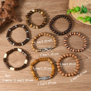 8-piece set of handmade vintage wooden bead bracelets for men and women in boho style
