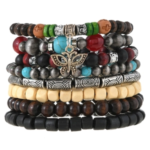 8-piece bohemian stackable wooden bead bracelets with vintage gold butterfly pendant