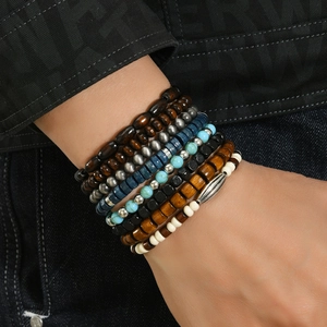 Bohemian multi-layer wooden bead bracelet set with ethnic charms for women's outfits