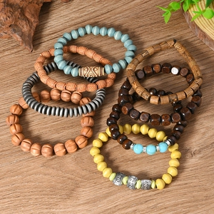 Lot de 8 bracelets en perles de bois vintage faits main pour hommes avec cordons élastiques
